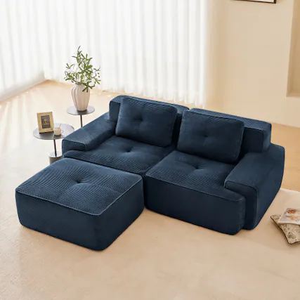 Front. Anysun - 82" L-Shape Corduroy Sectional Sofa with Ottoman - 2-Seat Deep-Seat Couch, Pearl Piping, Tufted, No Assembly - Blue.