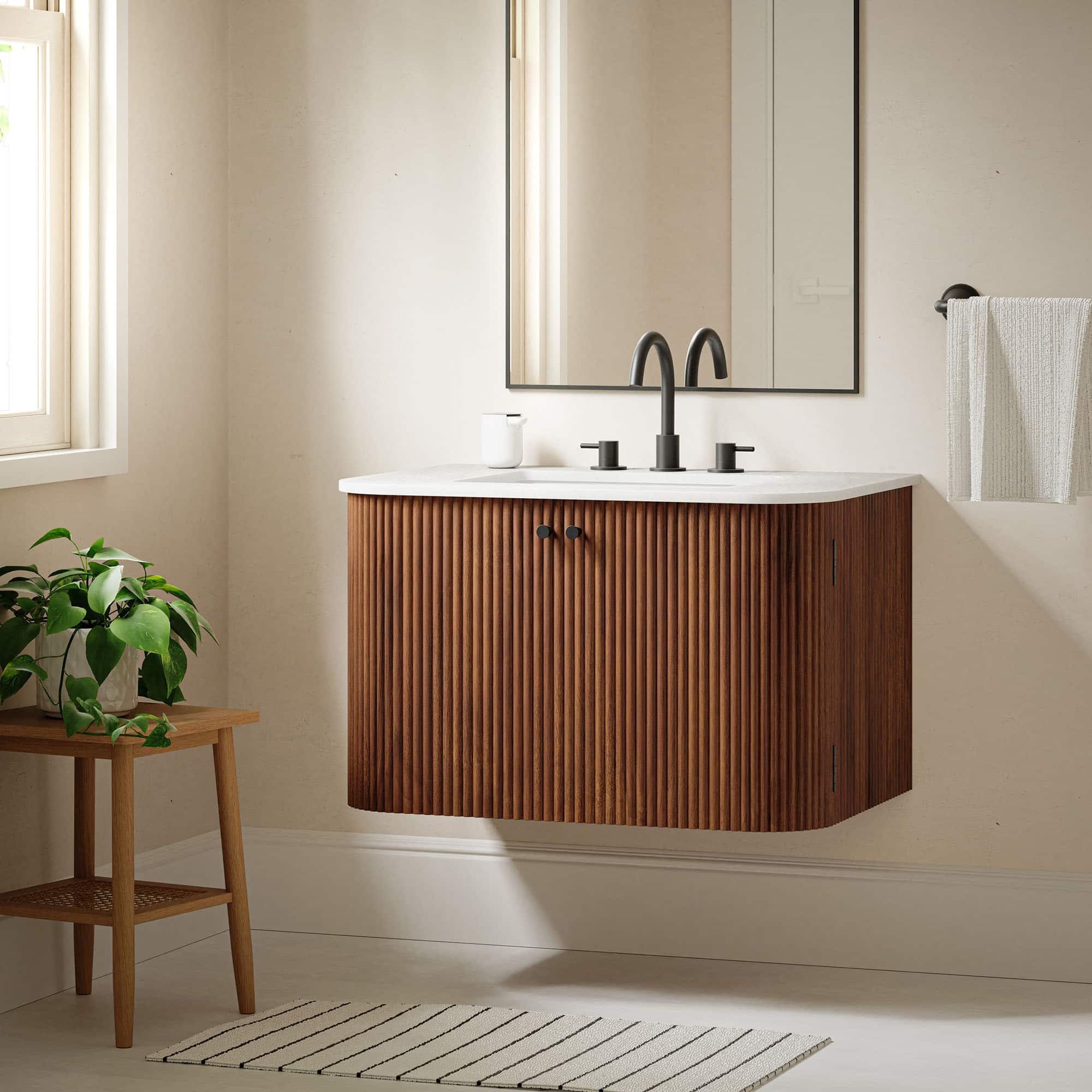 Zia Wall-Mount Bathroom Vanity with Marble Sink by Modway - Walnut