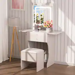 LUCKY ONE - 20cm Foldable Vanity Set with Stool, LED Mirror and Drawers for Small Bedroom - White