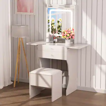 Front. LUCKY ONE - 20cm Foldable Vanity Set with Stool, LED Mirror and Drawers for Small Bedroom - White.