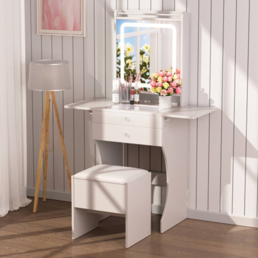 Front. LUCKY ONE - 20cm Foldable Vanity Set with Stool, LED Mirror and Drawers for Small Bedroom - White.