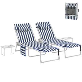 Outsunny - Chair Set of 2 with Face Hole and Side Table, 5-Position Folding Outdoor Chaise Lounge Chair - Blue and White