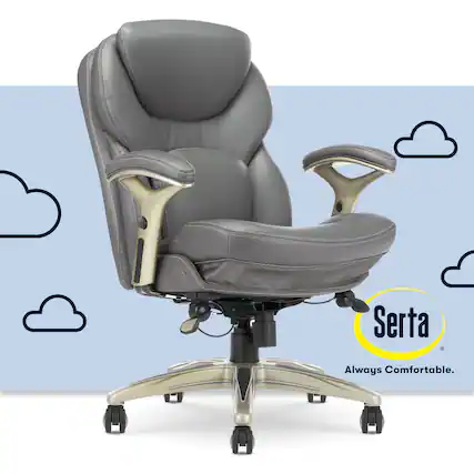 The image features a Serta office chair, which is known for its comfort. The chair is placed on a wheeled base, allowing for easy movement and adjustment. The chair is positioned in front of a blue background with clouds, creating a visually appealing scene. The Serta brand is known for its commitment to providing comfortable and high-quality products, making it a popular choice for office chairs and other furniture items.