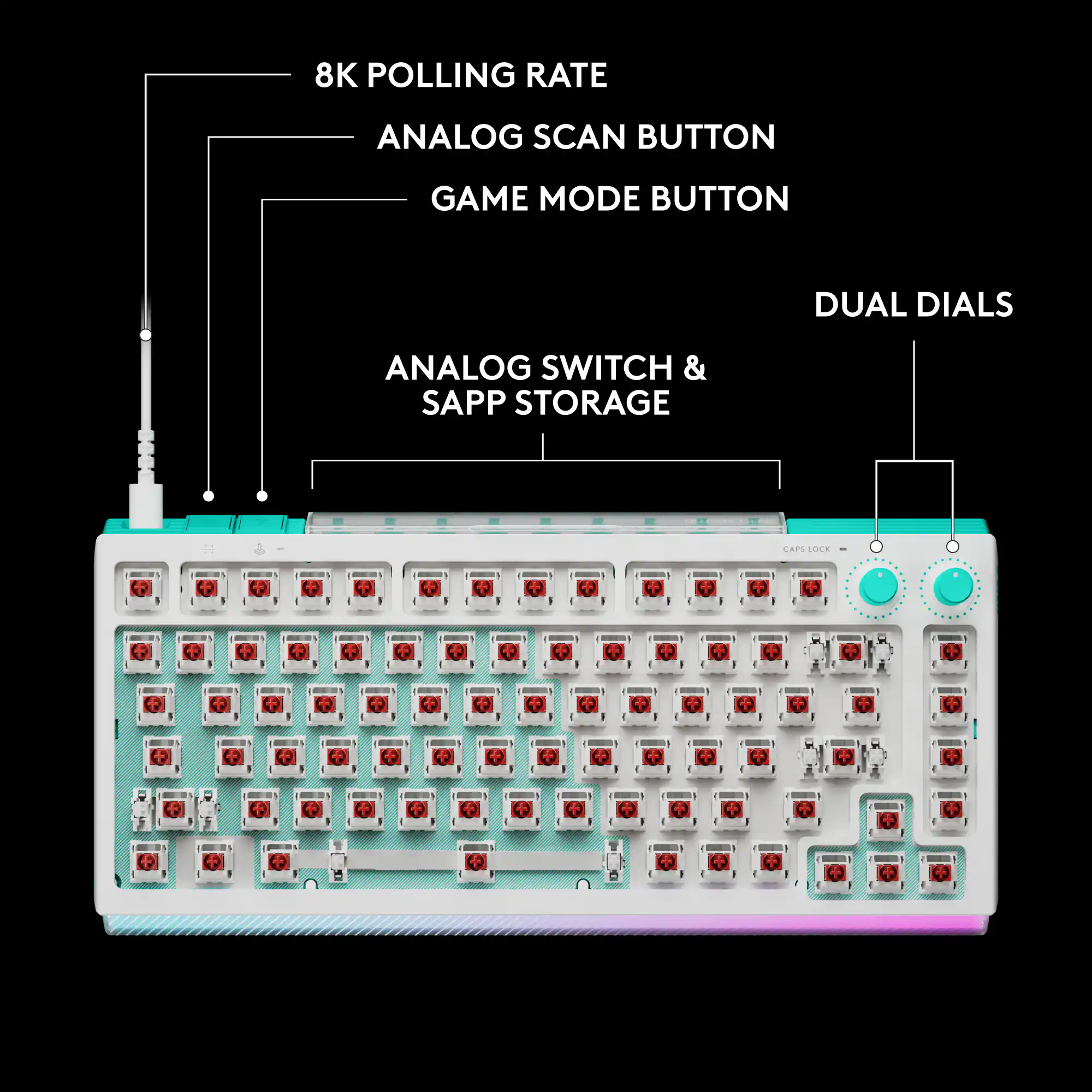 8K POLLING RATE  
ANALOG SCAN BUTTON  
GAME MODE BUTTON  
ANALOG SWITCH & SAPP STORAGE  
DUAL DIALS