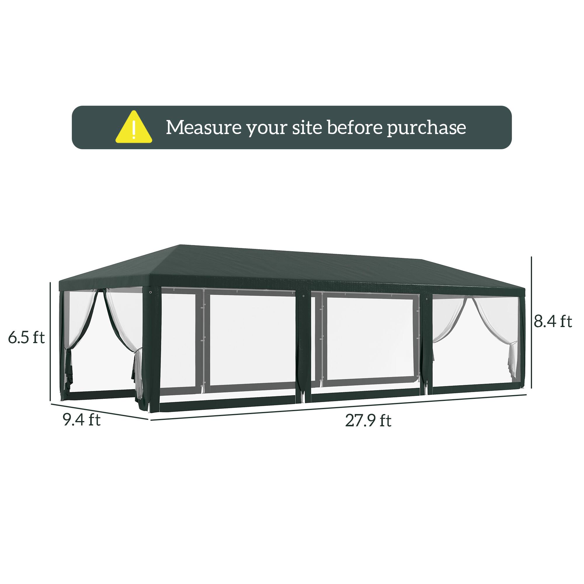Measure your site before purchase
6.5 ft
8.4 ft
9.4 ft
27.9 ft