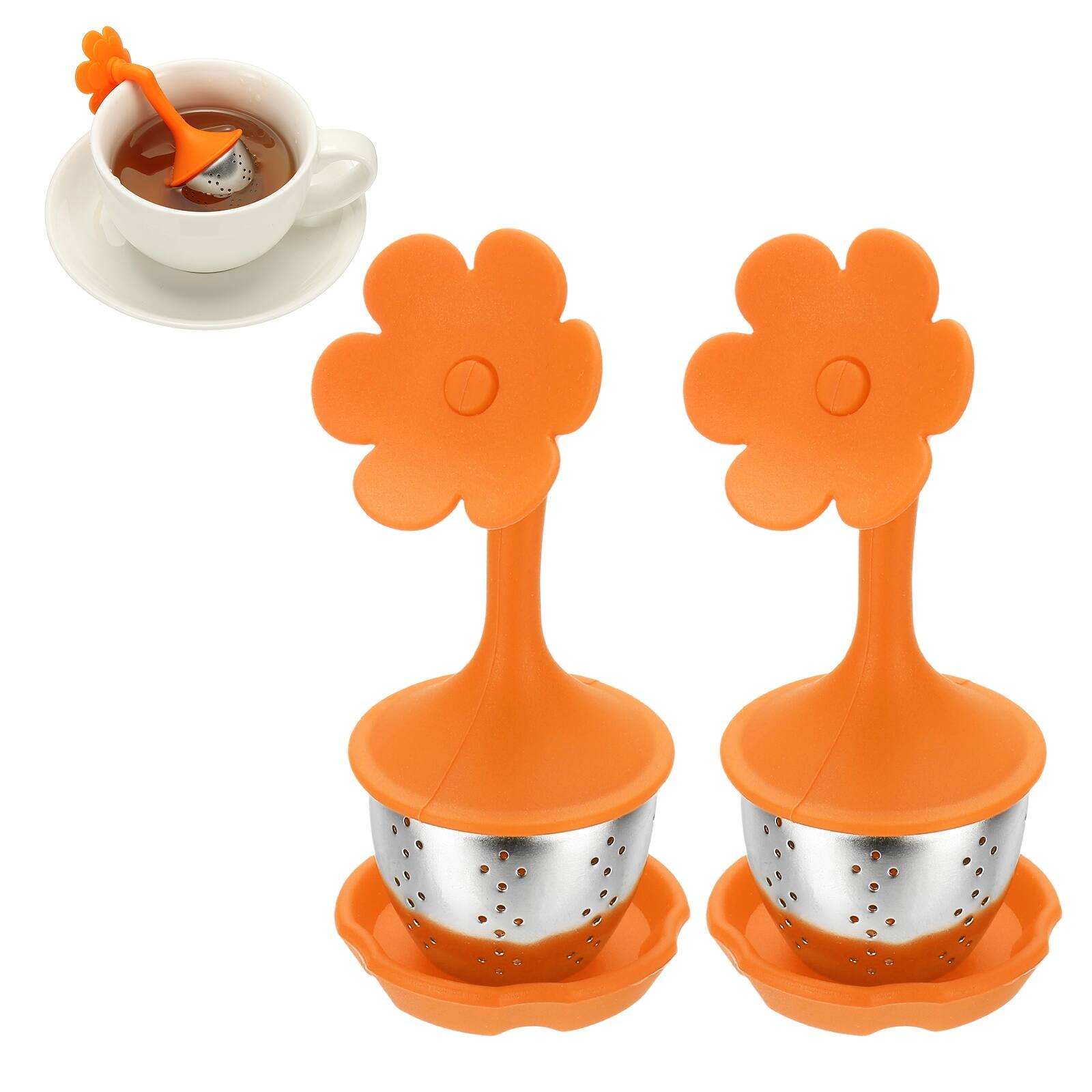 Front. Unique Bargains - 2pcs Flower Tea Infuser, Stainless Steel Loose-Leaf Steeper w/ Silicone Handle, Reusable Coarse Mesh for Teacups Teapots - Orange.