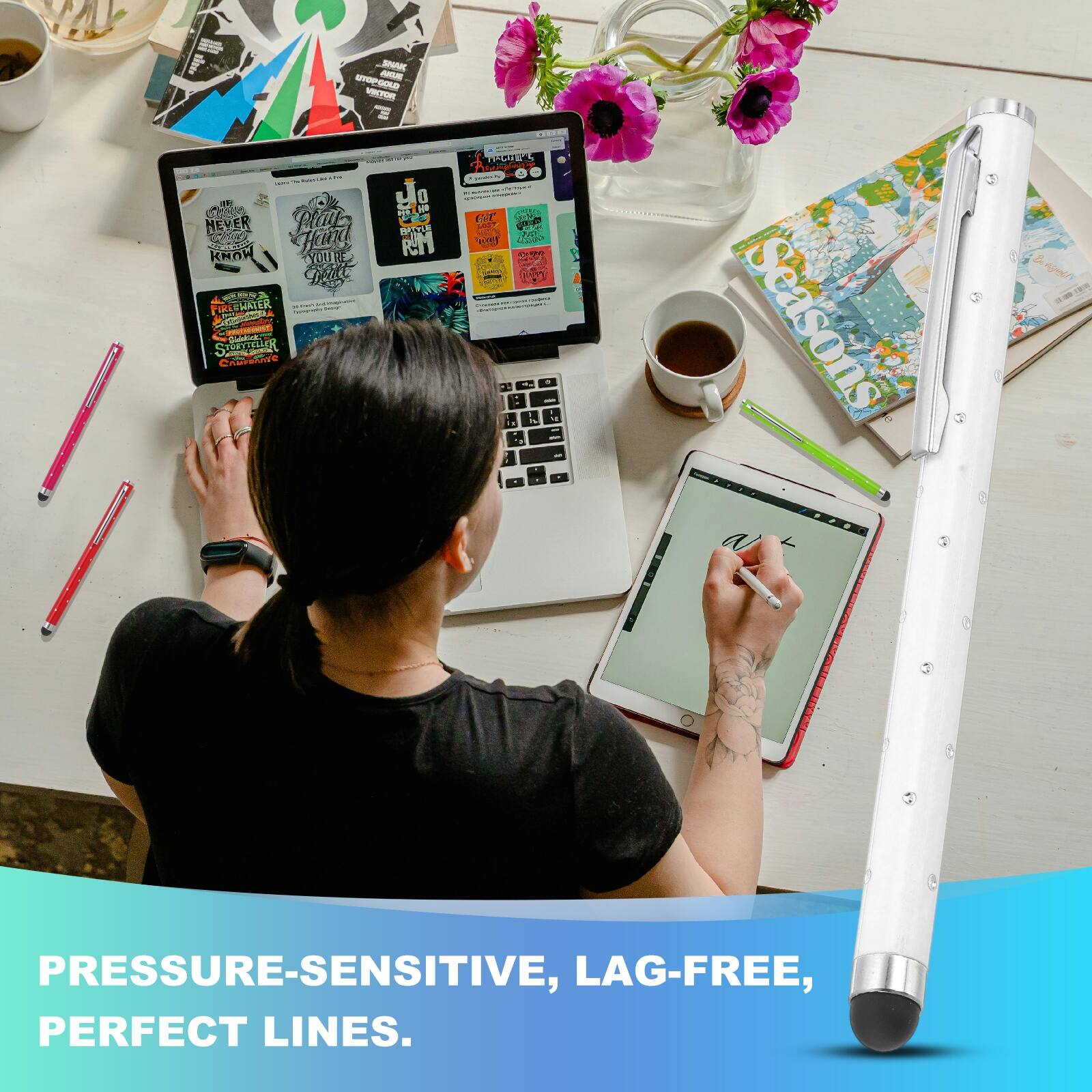 SAK - PPOD - CPOR Clati NEYER ER KROW Harr KR TYDIRE Pat BOK PIRA EMATER F C a C SAUTTHR J OKe So 0 PIM N BK RM TPOUE - GT F A 2 1T - . . - - - -. Seasons Koson ad PRESSURE-SENSITIVE, LAG-FREE, PERFECT LINES.