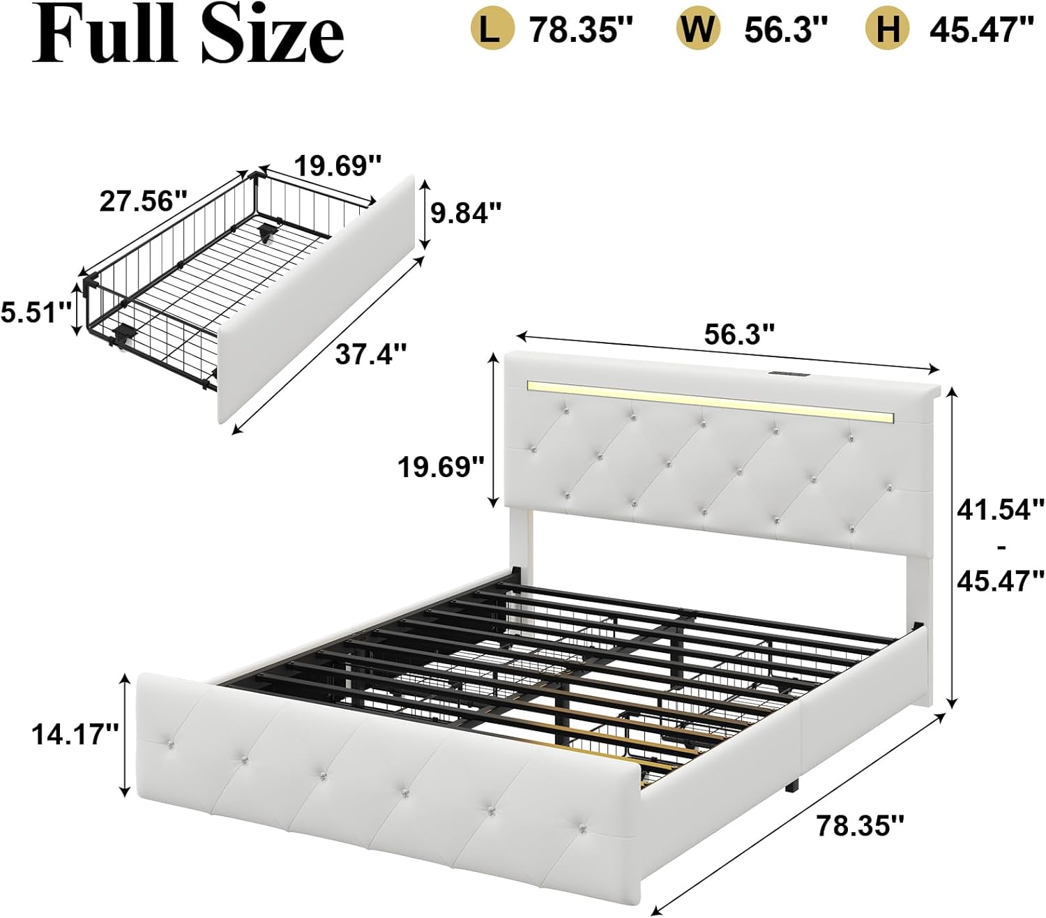 Full Size  
L 78.35"  
W 56.3"  
H 45.47"  

27.56"  
19.69"  
9.84"  
5.51"  
37.4"  
56.3"  
19.69"  
41.54" - 45.47"  
14.17"  
78.35"