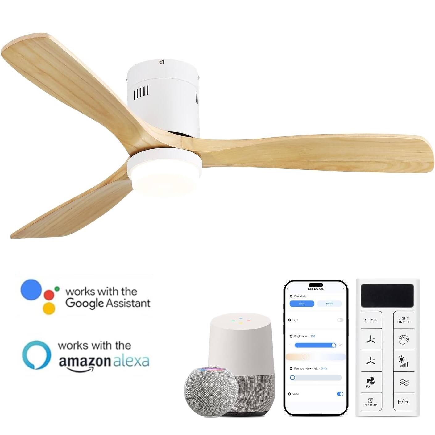 Sofucor - 52'' Smart Flush Mount Ceiling Fan With Integrated LED Light Voice & App & Remote Control for Bedroom/Farmhouse/Outdoor - White-Bruley Wood