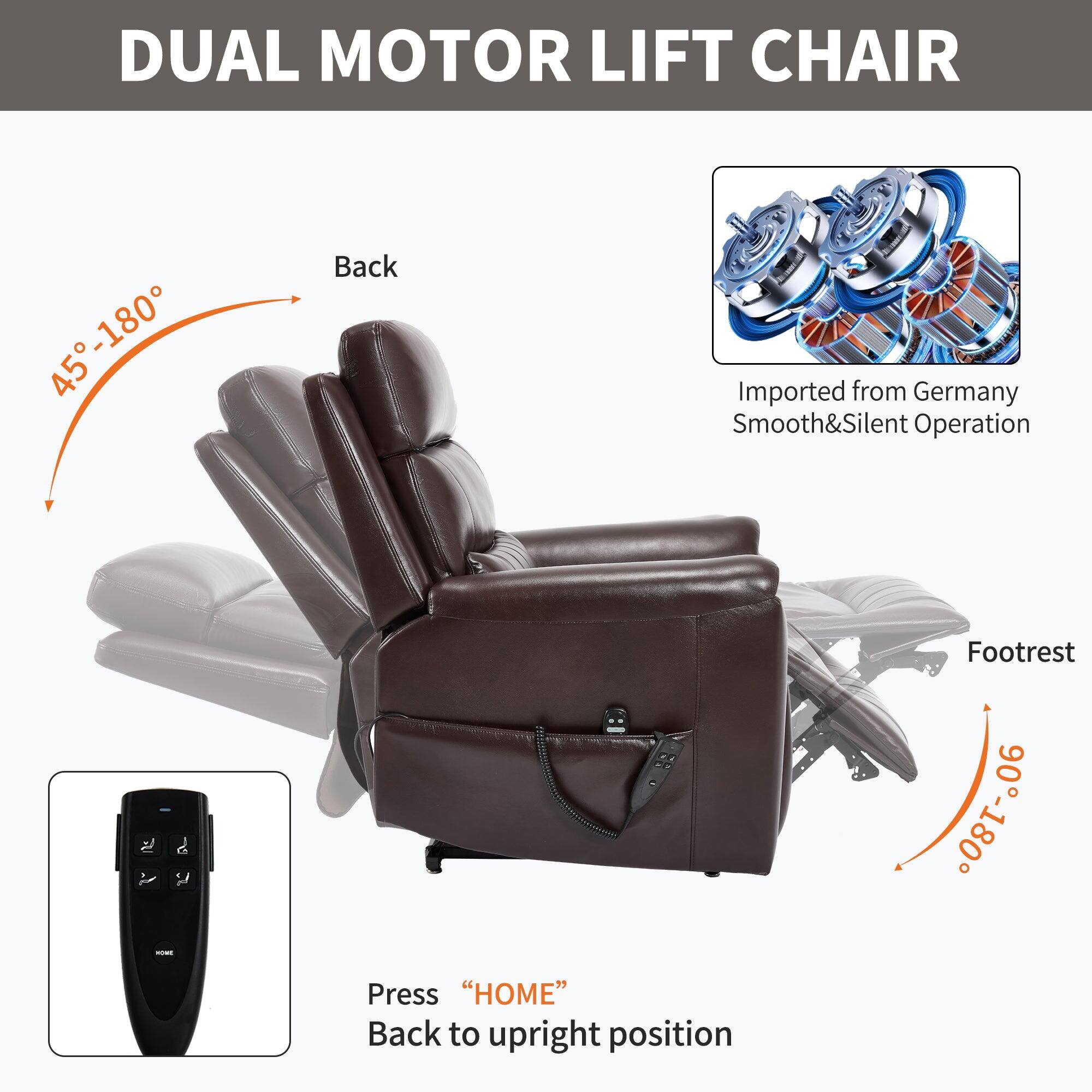 DUAL MOTOR LIFT CHAIR

Back: 45°-180°

Footrest: 0°-180°

Imported from Germany
Smooth & Silent Operation

Press "HOME" Back to upright position