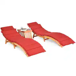 Pefilos - 3 Pieces Folding Patio Eucalyptus Acacia Wood Lounge Chair Set with Foldable Side Table, Outdoor Chaise Lounge Set - Red