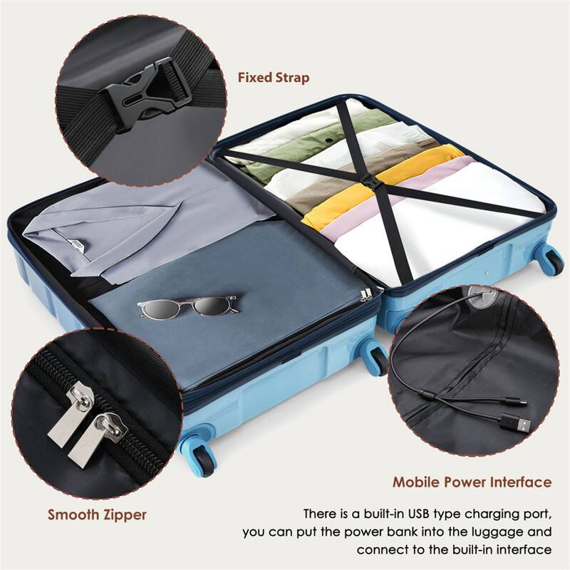 Fixed Strap  
Smooth Zipper  
Mobile Power Interface  

There is a built-in USB type charging port, you can put the power bank into the luggage and connect to the built-in interface.