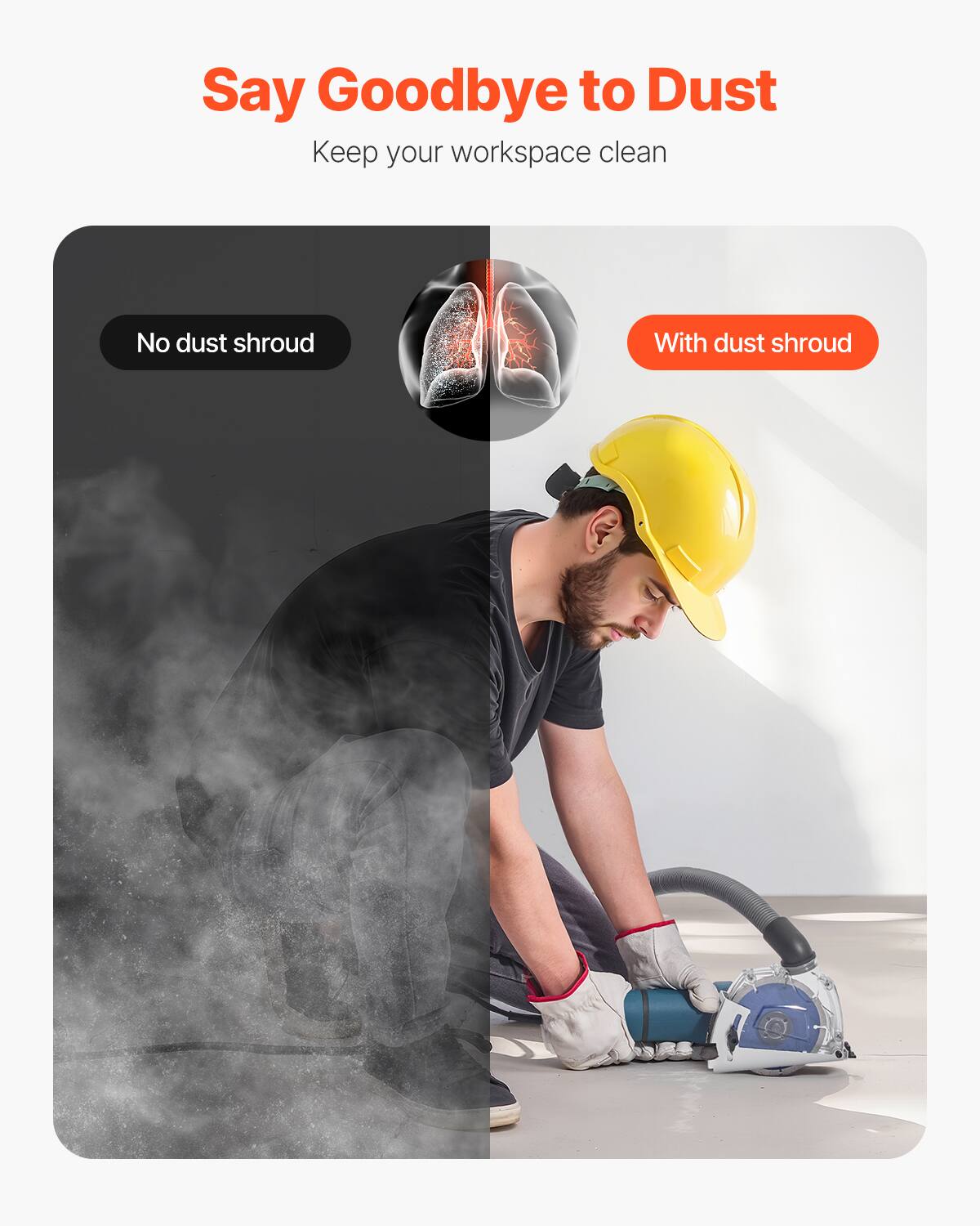 Say Goodbye to Dust  
Keep your workspace clean  

No dust shroud  
With dust shroud