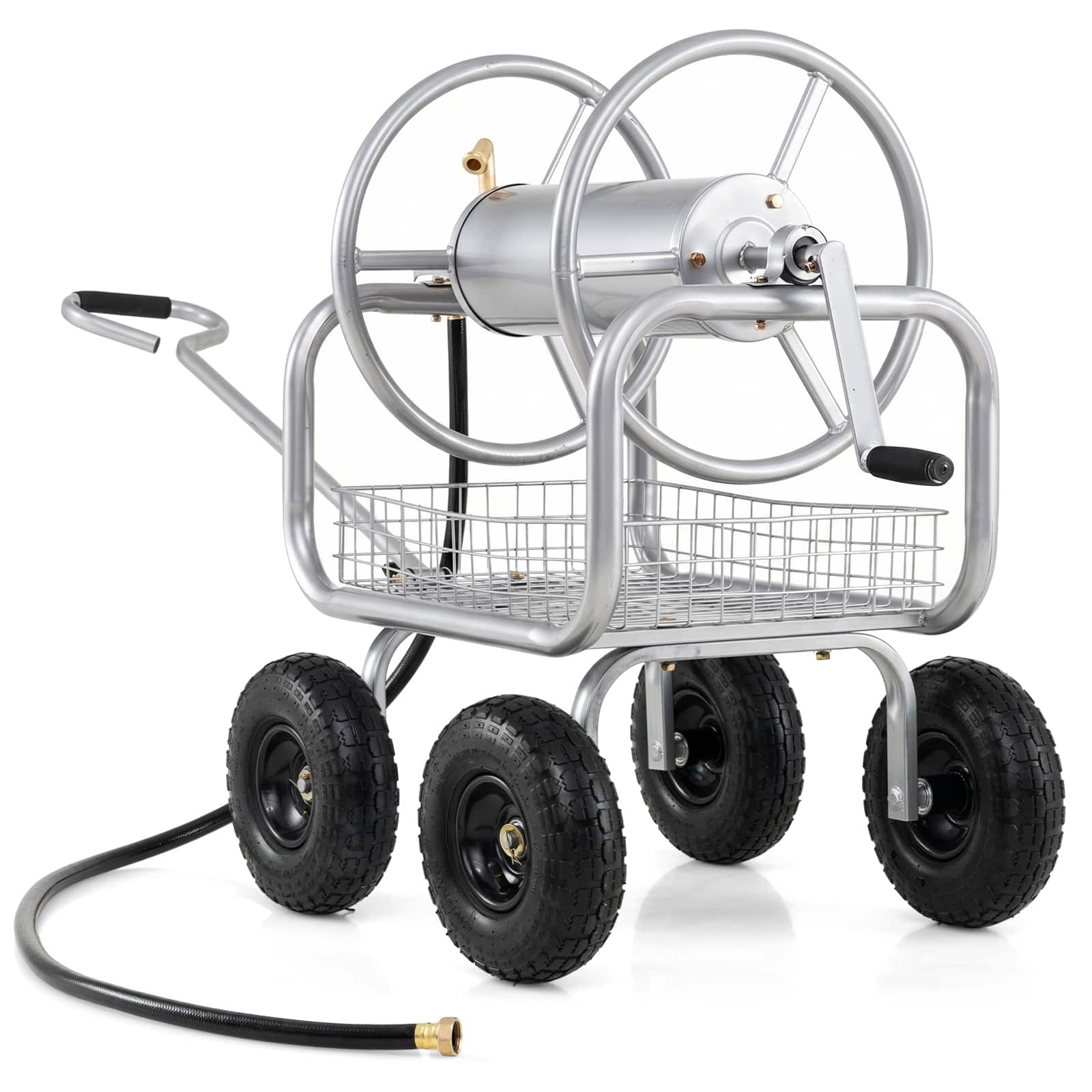 Costway - Garden Hose Reel Cart with 4 Wheels, Storage Basket, 300 FT of 5/8" Large Capacity - Silver