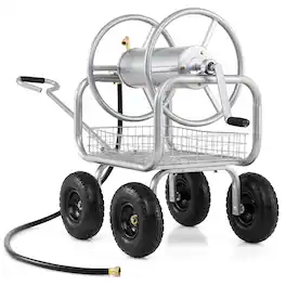 Costway - Garden Hose Reel Cart with 4 Wheels, Storage Basket, 300 FT of 5/8" Large Capacity - Silver