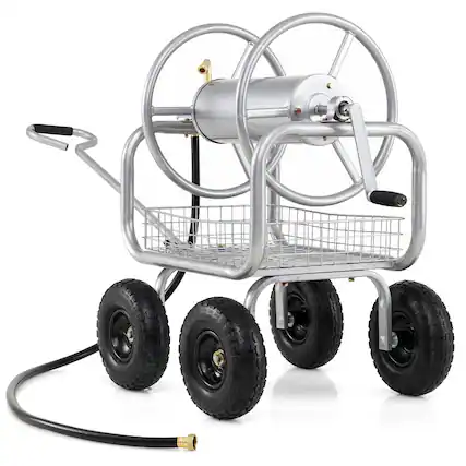 Front. Costway - Costway Garden Hose Reel Cart with 4 Wheels, Storage Basket, 300 FT of 5/8" Large Capacity - Silver.