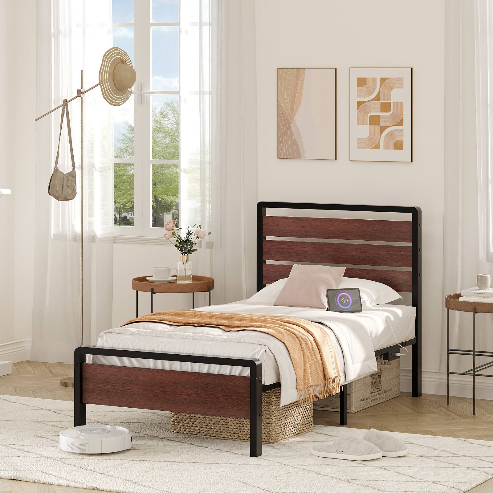 Alt View 9. Winado - Twin Size Platform Bed Frame with LED Headboard, USB Charging Station, Metal Panel Bed with 12" Under Bed Storage Space - Mahogany Brown.