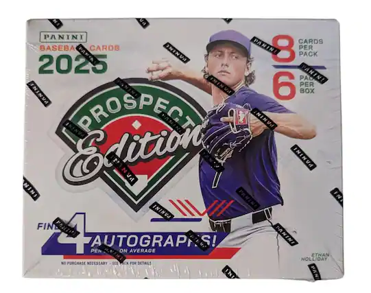 PANINI BASEBALL CARDS 2025
PROSPECT Edition
8 CARDS PER PACK
6 PACKS PER BOX
4 AUTOGRAPHS ON AVERAGE
NO PURCHASE NECESSARY - SEE BACK FOR DETAILS
ETHAN HOLLIDAY