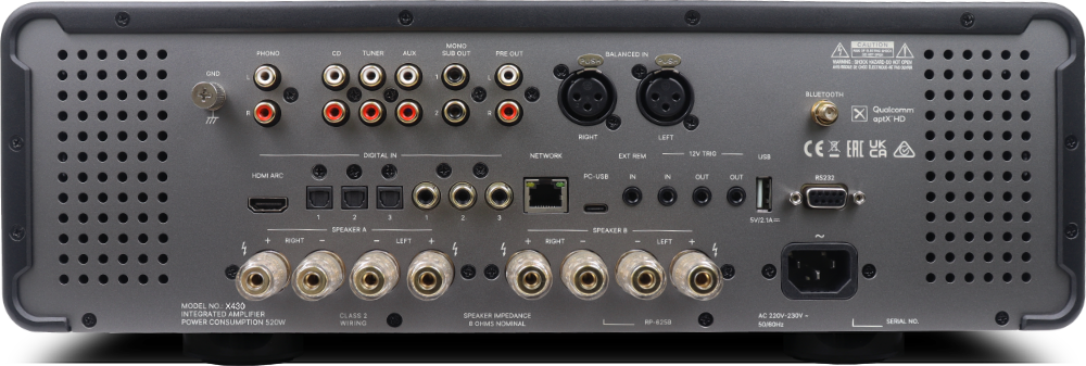 PHONO CD TUNER AUX MONO SUB OUT PRE OUT BALANCED IN CAUTION KOE K CPEN GND L 1 L BLUETOOTH E 1 a Qualcomm X aptX HD DIGITAL IN NETWORK RIGHT EXT R LEFT 12V TRIO USA CE UK HOMI ARC PC-USB N IN OUT OUT R5232 RIGHT 1 2 SPEAKER A - 3 LEFT 1 2 3 RIGHT SPEAKER a LEFT SV/2.1A MODEL NO X430 INTEGRATED AMPLIFIER POWER CONSUMPTION 520W CLASS 2 WIRING SPEAKER IMPEDANCE 8 OHMS NOMINAL RP-8258 AC 230V-230V 50/60Hz SERIAL NO