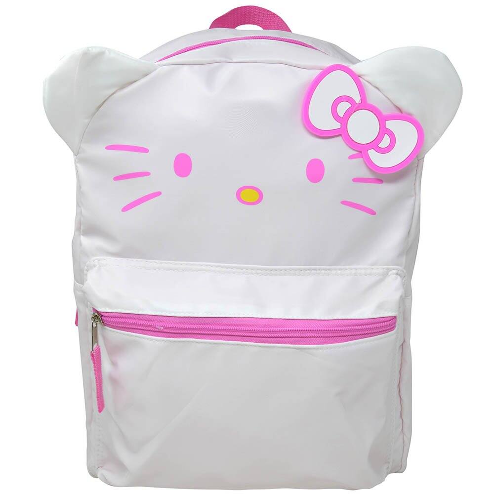 Front. UPD - Sanrio White and Pink Hello Kitty Head 16" School Backpack with Front Pocket - Multicolored.