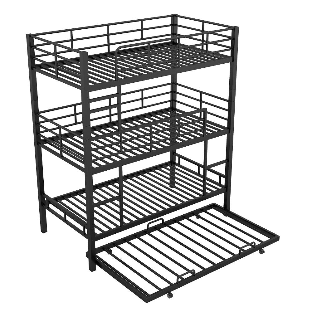 Alt View 10. Loheer - Loheer Metal Twin Size Triple Bunk Bed with Trundle Black Heavy Duty Steel 3 Tier Bunk Bed Space-Saving Design - Black.