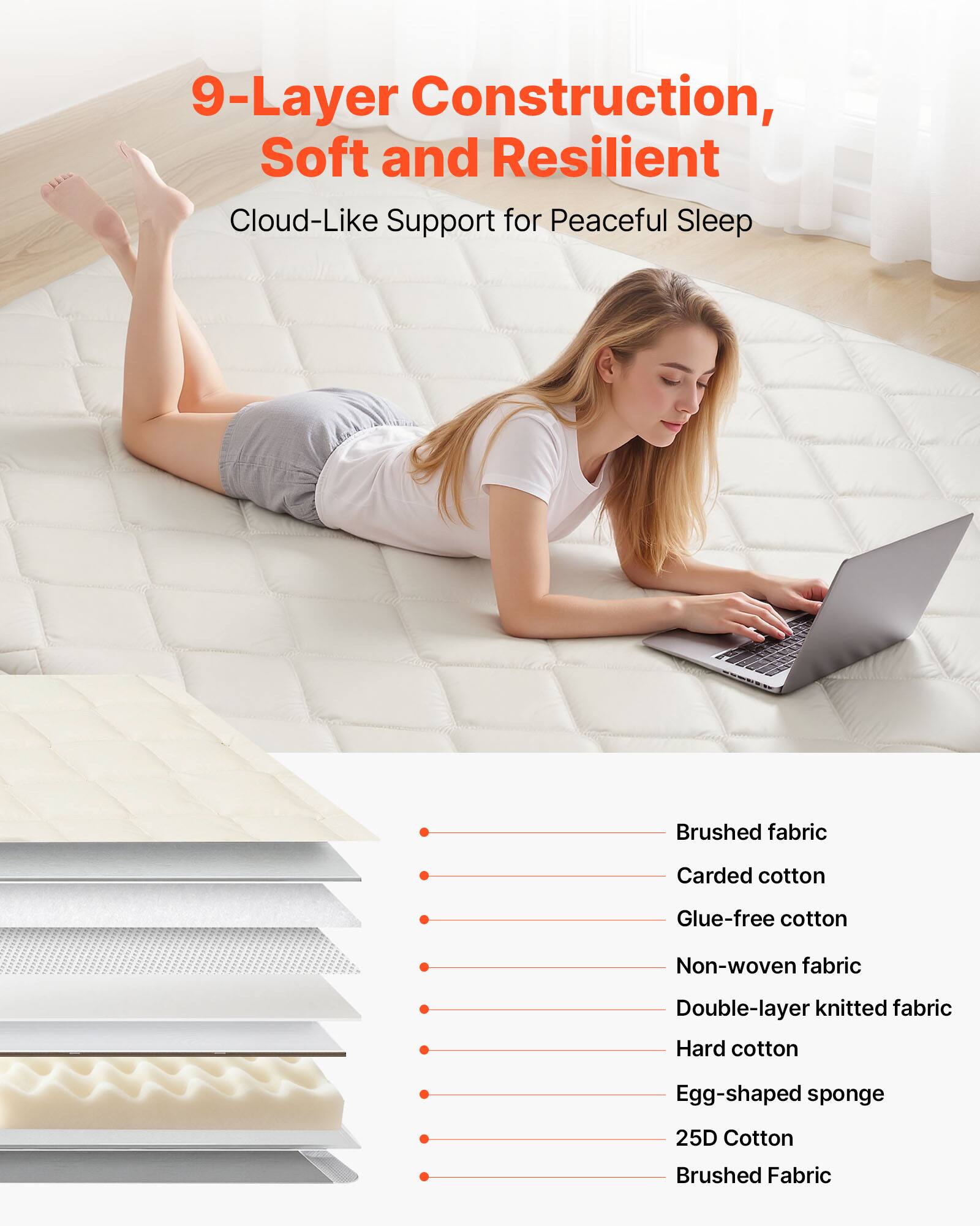 9-Layer Construction, Soft and Resilient  
Cloud-Like Support for Peaceful Sleep  

- Brushed fabric  
- Carded cotton  
- Glue-free cotton  
- Non-woven fabric  
- Double-layer knitted fabric  
- Hard cotton  
- Egg-shaped sponge  
- 25D Cotton  
- Brushed Fabric