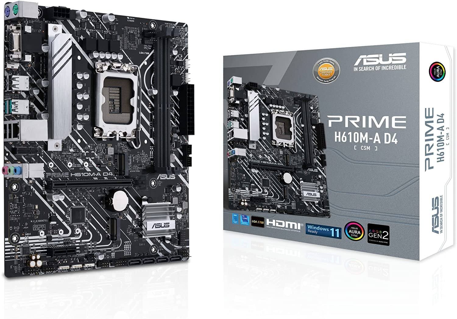 ASUS PRIME H610M-A D4  
LGA 1700  
HDMI  
Windows 11 Ready  
AURA SYNC  
GEN 2