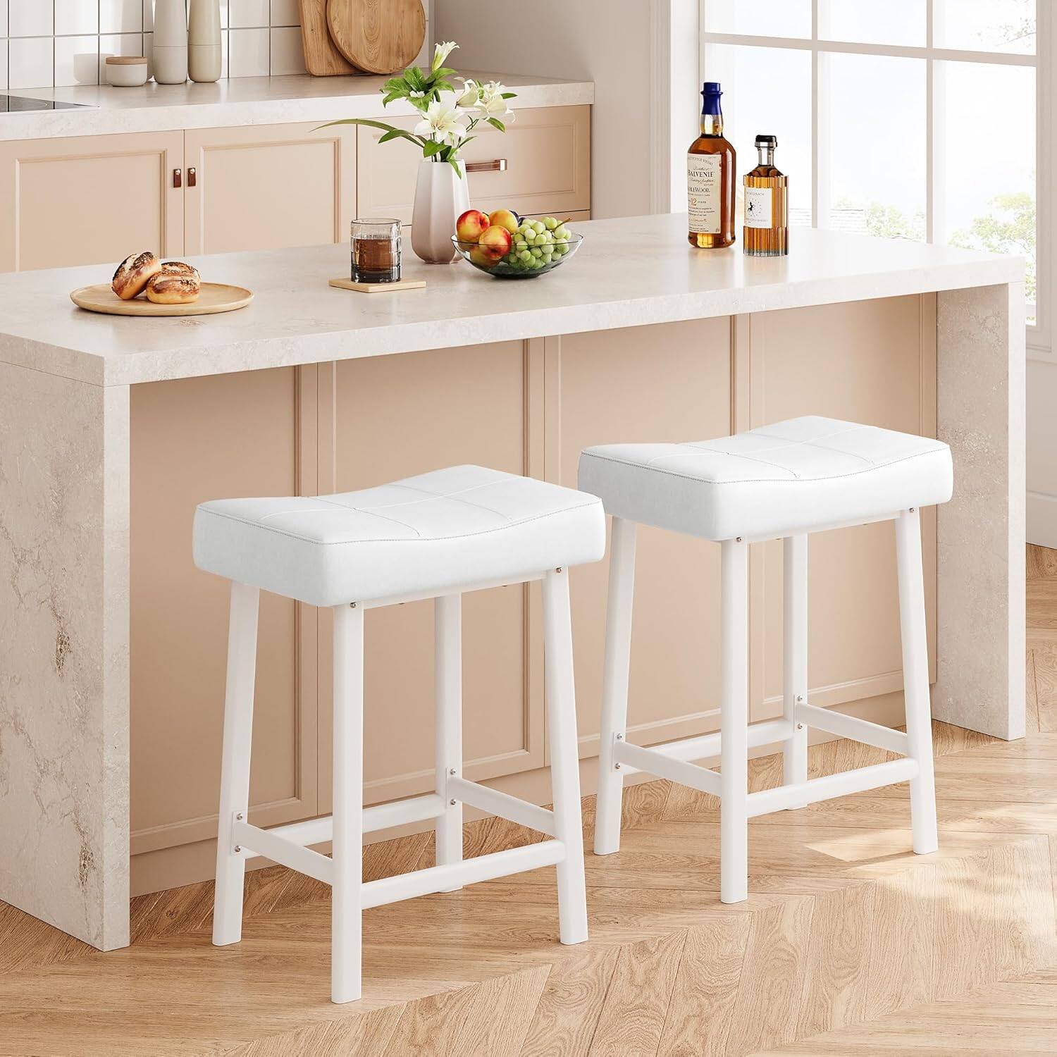 Angle. GARVEE - 24 Inch Backless Saddle Barstools Set of 2, Counter Height Upholstered Padded Barstools with Curved Surface, White - White.