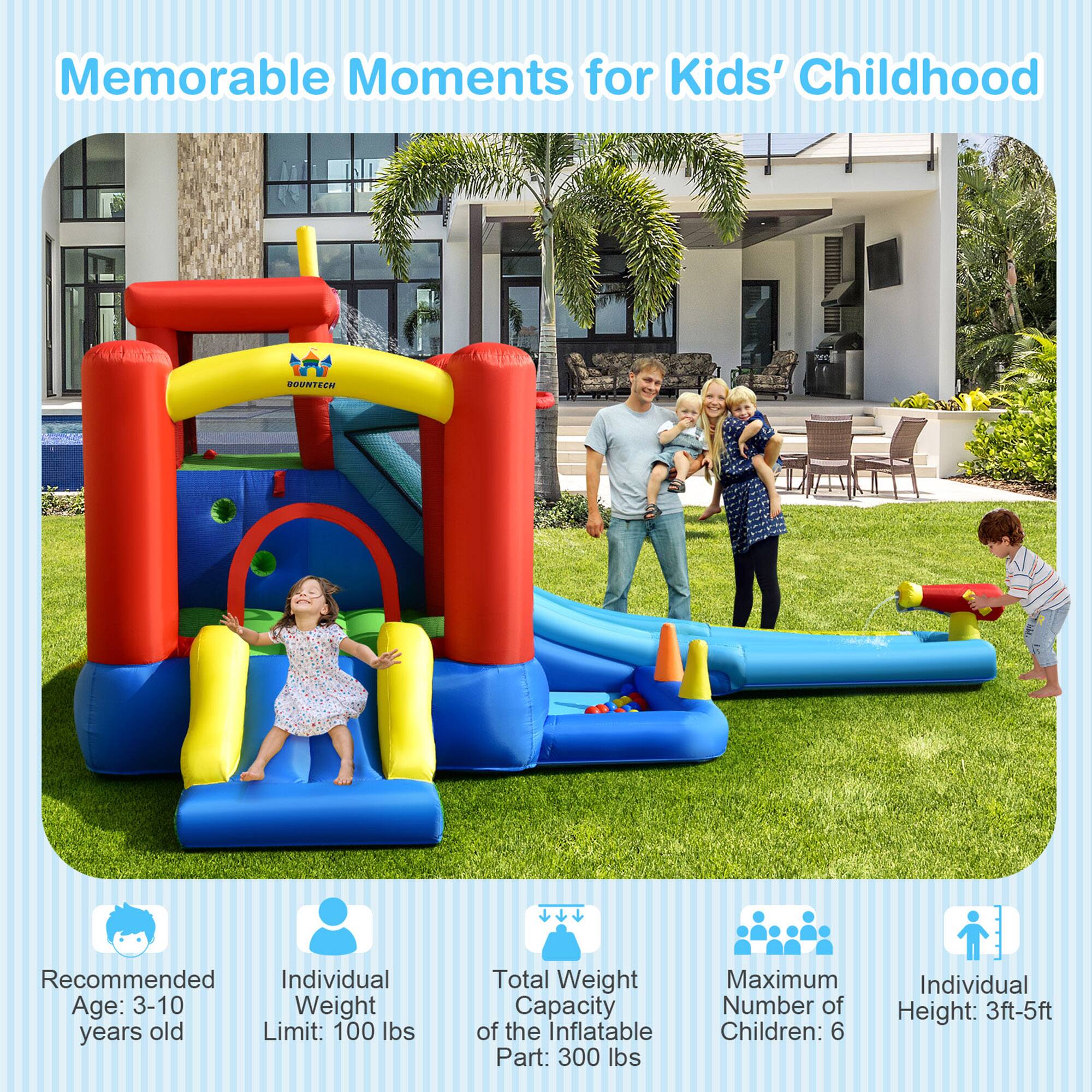 Memorable Moments for Kids' Childhood

- Recommended Age: 3-10 years old
- Individual Weight Limit: 100 lbs
- Total Weight Capacity of the Inflatable Part: 300 lbs
- Maximum Number of Children: 6
- Individual Height: 3ft-5ft