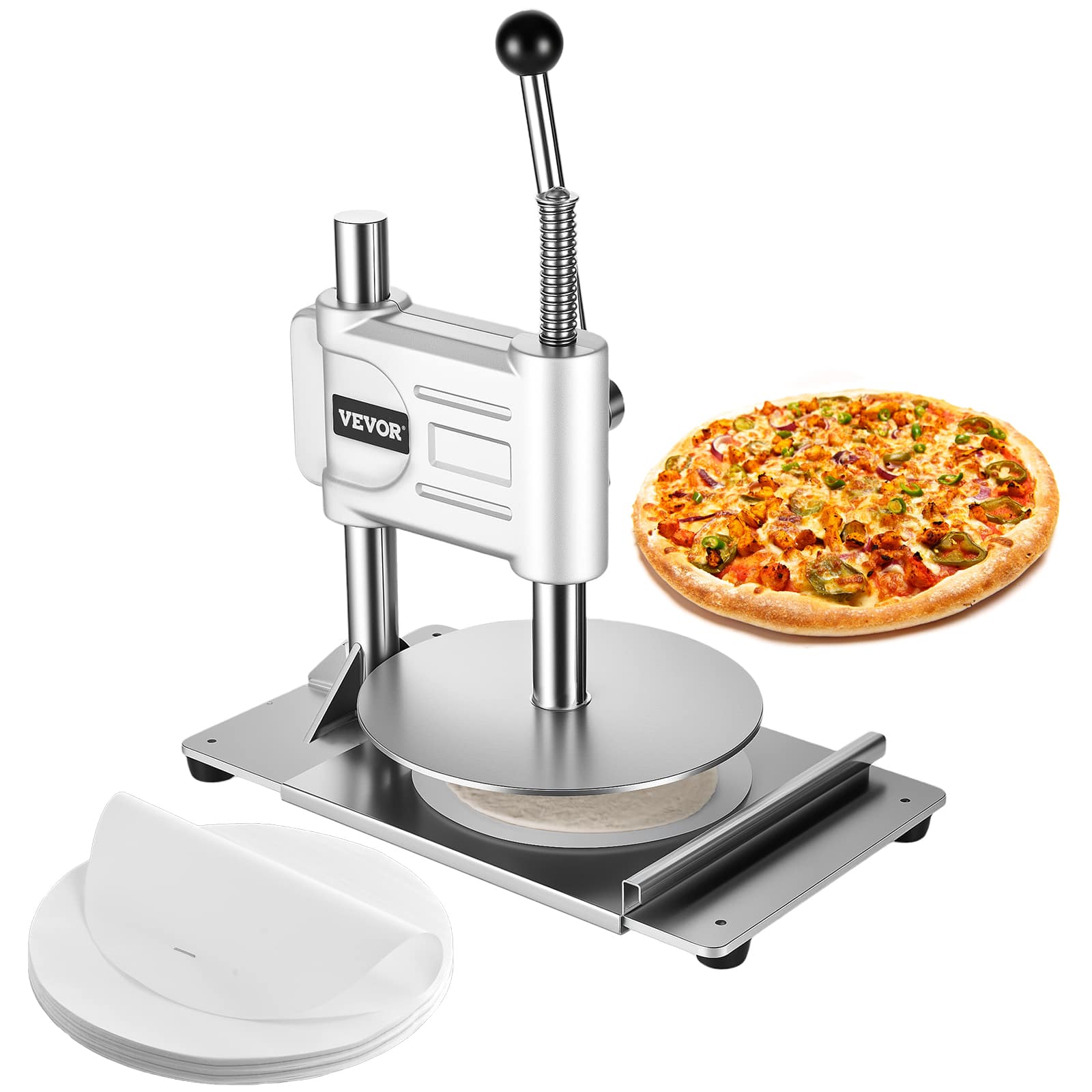 VEVOR - Manual Pizza Dough Press Machine, 9.5 inch Pizza Pastry Press Plate, Stainless Steel Bread Presser - Silver