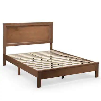 Front. Costway - Costway Full Size Bed Frame Platform Slat High Headboard Bedroom Rubber Wood Leg Walnut - Walnut.