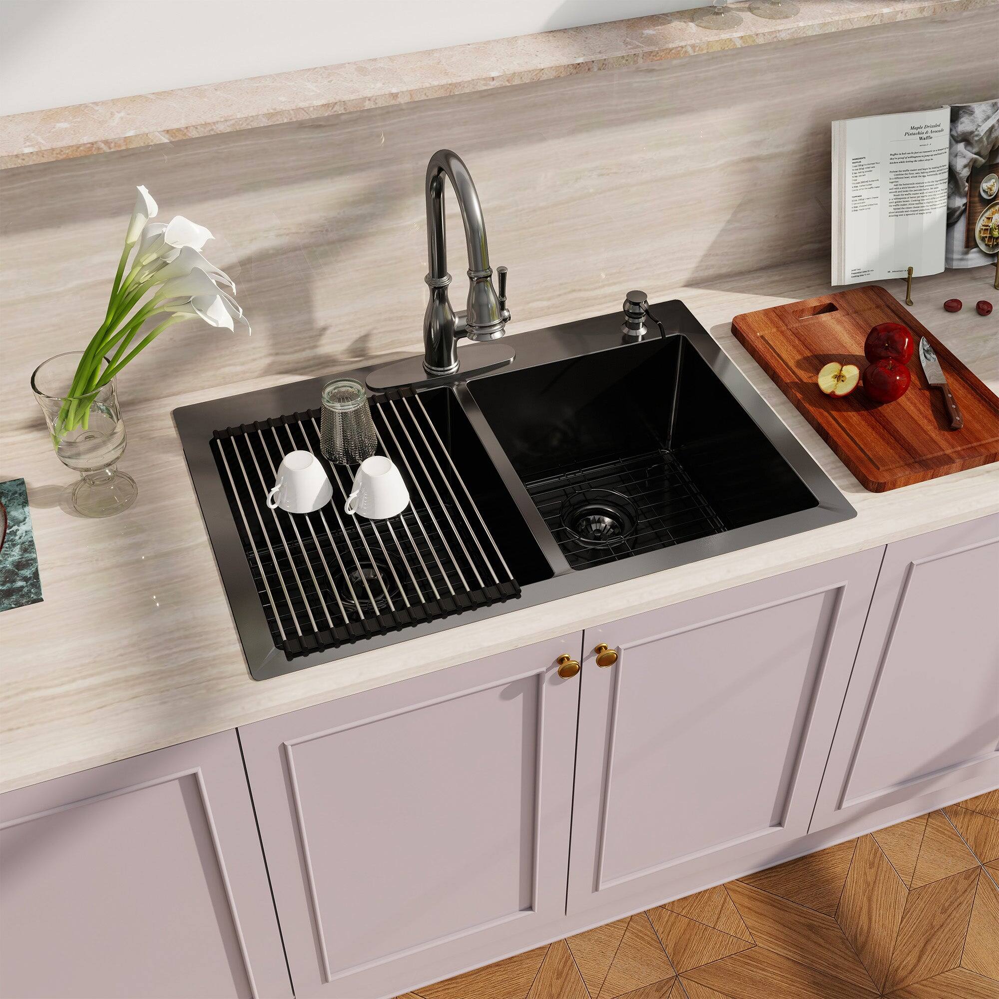 Alt View 4. Boyel Living - 33 in. Drop-In Double Bowl 18-Gauge Stainless Steel Kitchen Sink with Bottom Grids and Strainer Basket - Gray.