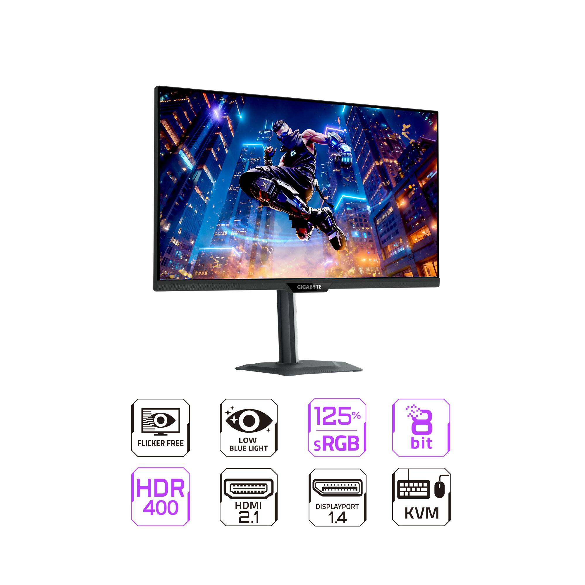 GIGABYTE  
FLICKER FREE  
LOW BLUE LIGHT  
125% sRGB  
8 bit  
HDR 400  
HDMI 2.1  
DISPLAYPORT 1.4  
KVM