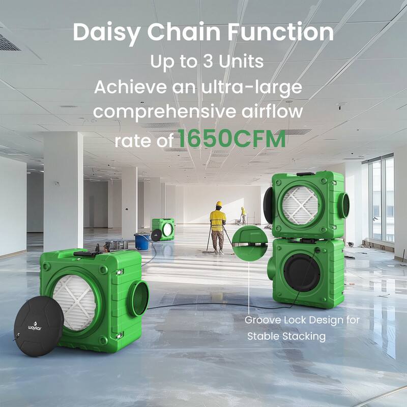 Daisy Chain Function  
Up to 3 Units  
Achieve an ultra-large comprehensive airflow rate of 1650CFM  

Groove Lock Design for Stable Stacking