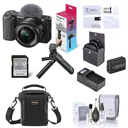 Bundle - Sony - ZV-E10 Mirrorless Vlog Camera with 16-50mm Lens, Black - with Vlogger Accessory Kit, Shoulder Bag, Screen