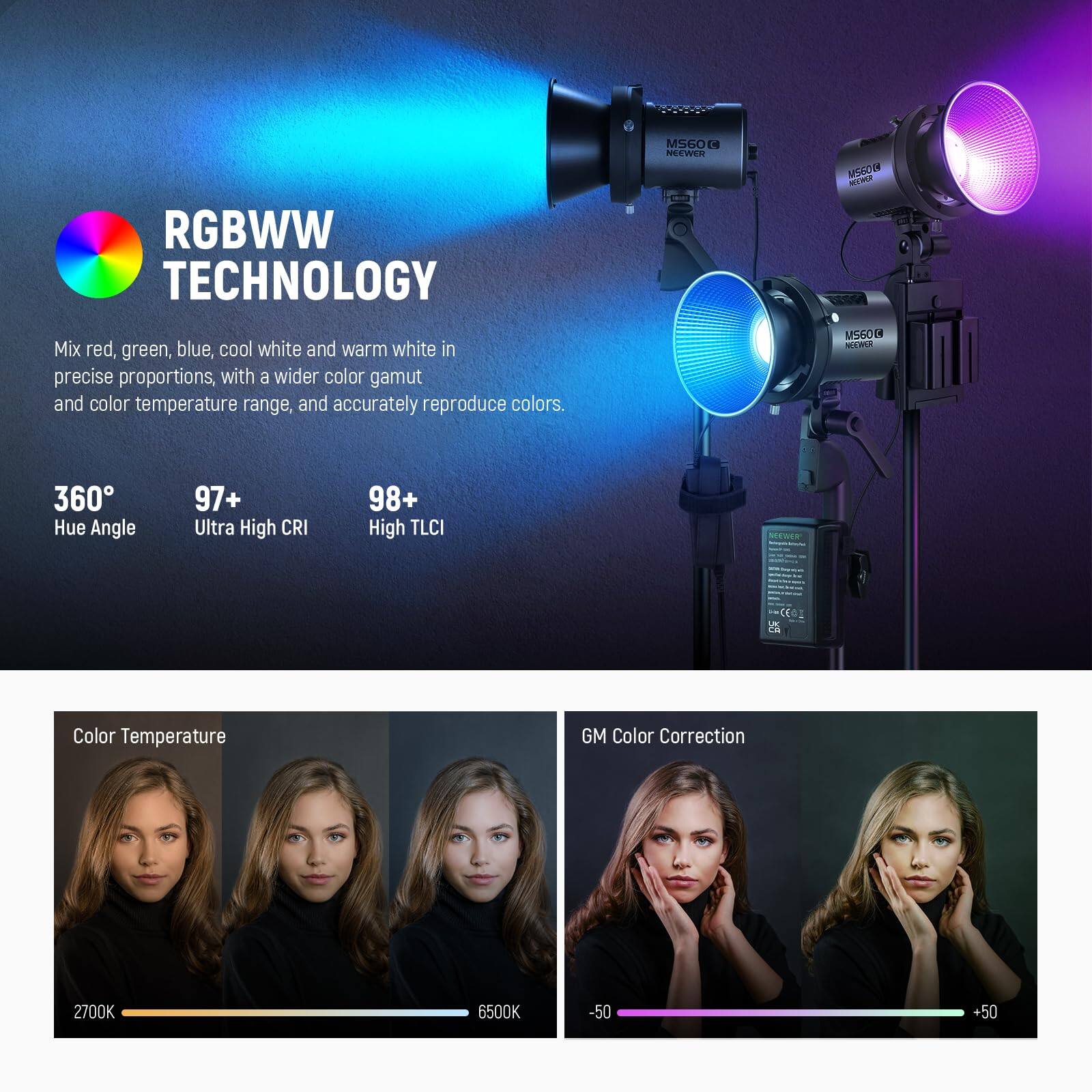 RGBWW TECHNOLOGY

Mix red, green, blue, cool white, and warm white in precise proportions, with a wider color gamut and color temperature range, and accurately reproduce colors.

360° Hue Angle  
97+ Ultra High CRI  
98+ High TLCI

Color Temperature  
2700K - 6500K

GM Color Correction  
-50 +50