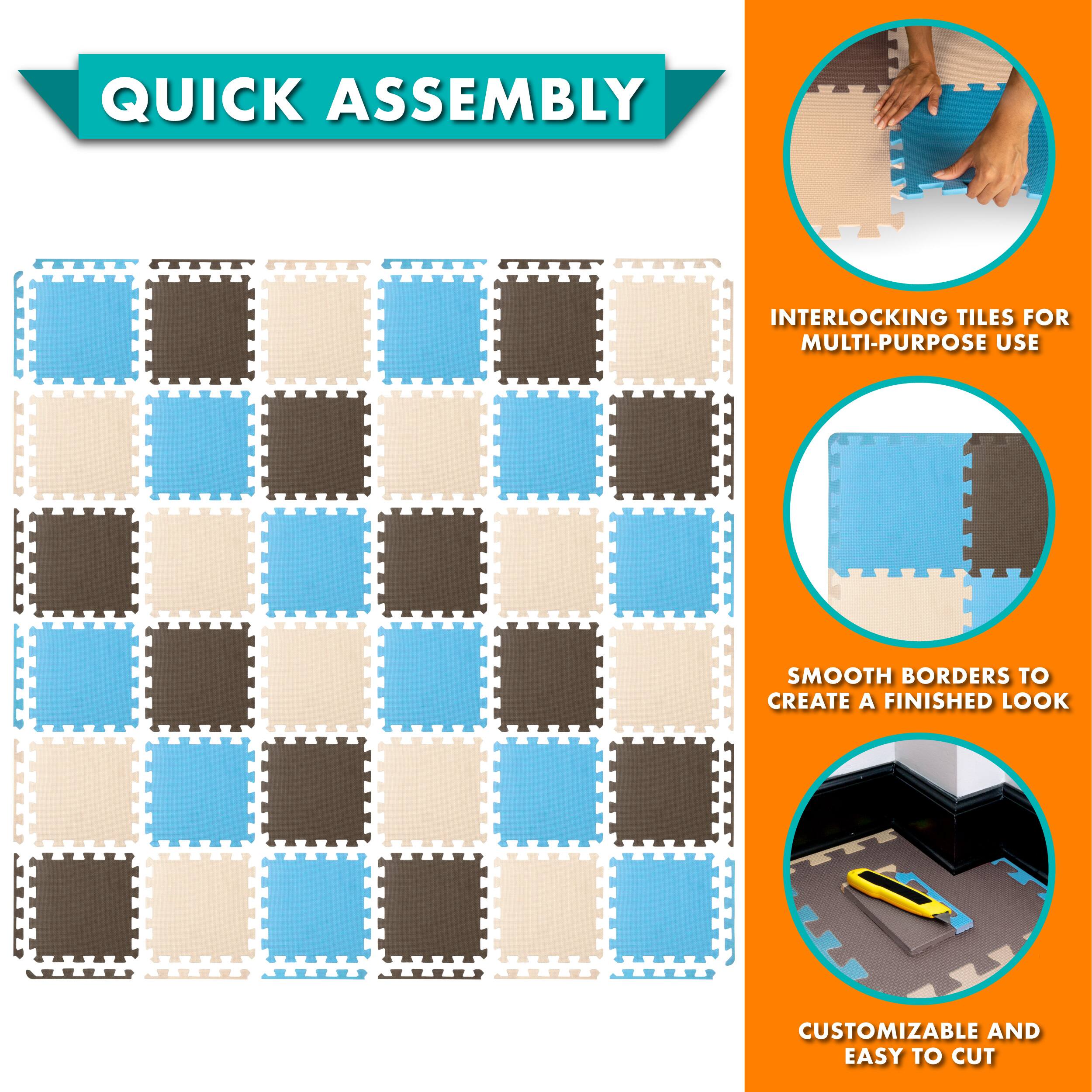 Quick Assembly Interlocking Tiles for Multi-Purpose Use. Smooth Borders to Create a Finished Look. Customizable and Easy to Cut.