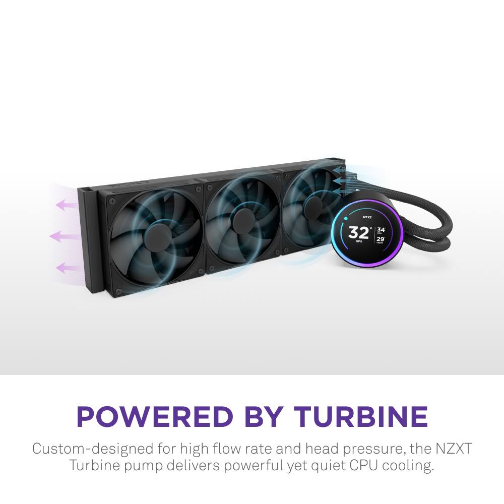 Powered by Turbine Custom-designed for high flow rate and head pressure, the NZXT Turbine pump delivers powerful yet quiet CPU cooling.