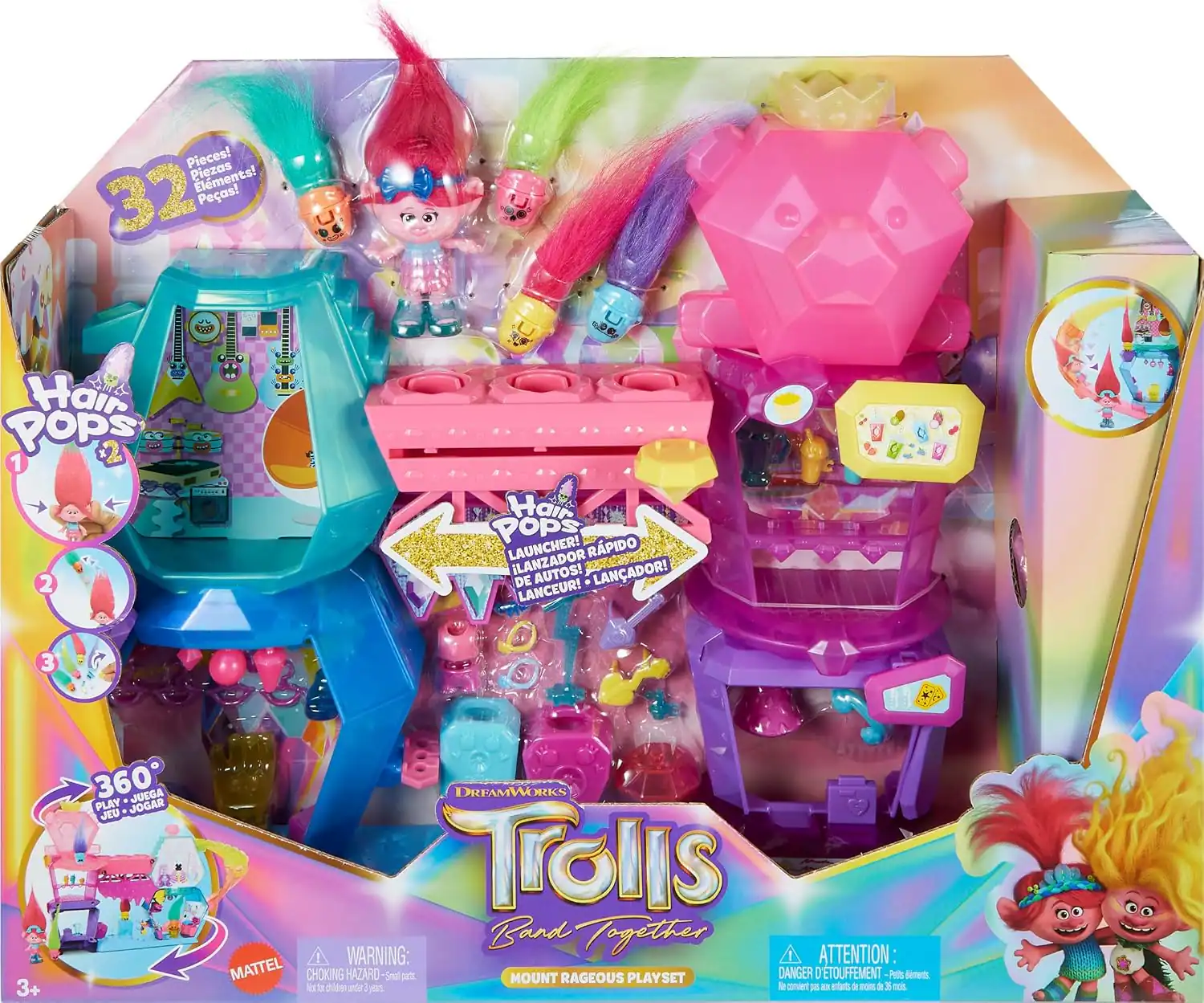 Pieces! Piezas! Elements! 32 Peas!

Hair Pops 1 2
Hair Pops LAUNCHER! RPIDO LANZADOR AUTOS! LANADOR! DE LANCEUR!

3
3+
360 JUEGA PLAY JOGAR JEU

DREAMWORKS Trolls Band Together! WARNING: ATTENTION MATTEL CHOKING HAZARD Small parts. MOUNT RAGEOUS PLAYSET DANGER D'TOUFFEMENT - P Petits éléments. Not for children under 3 years. Me convient pas enfants de moins de 36 mois.