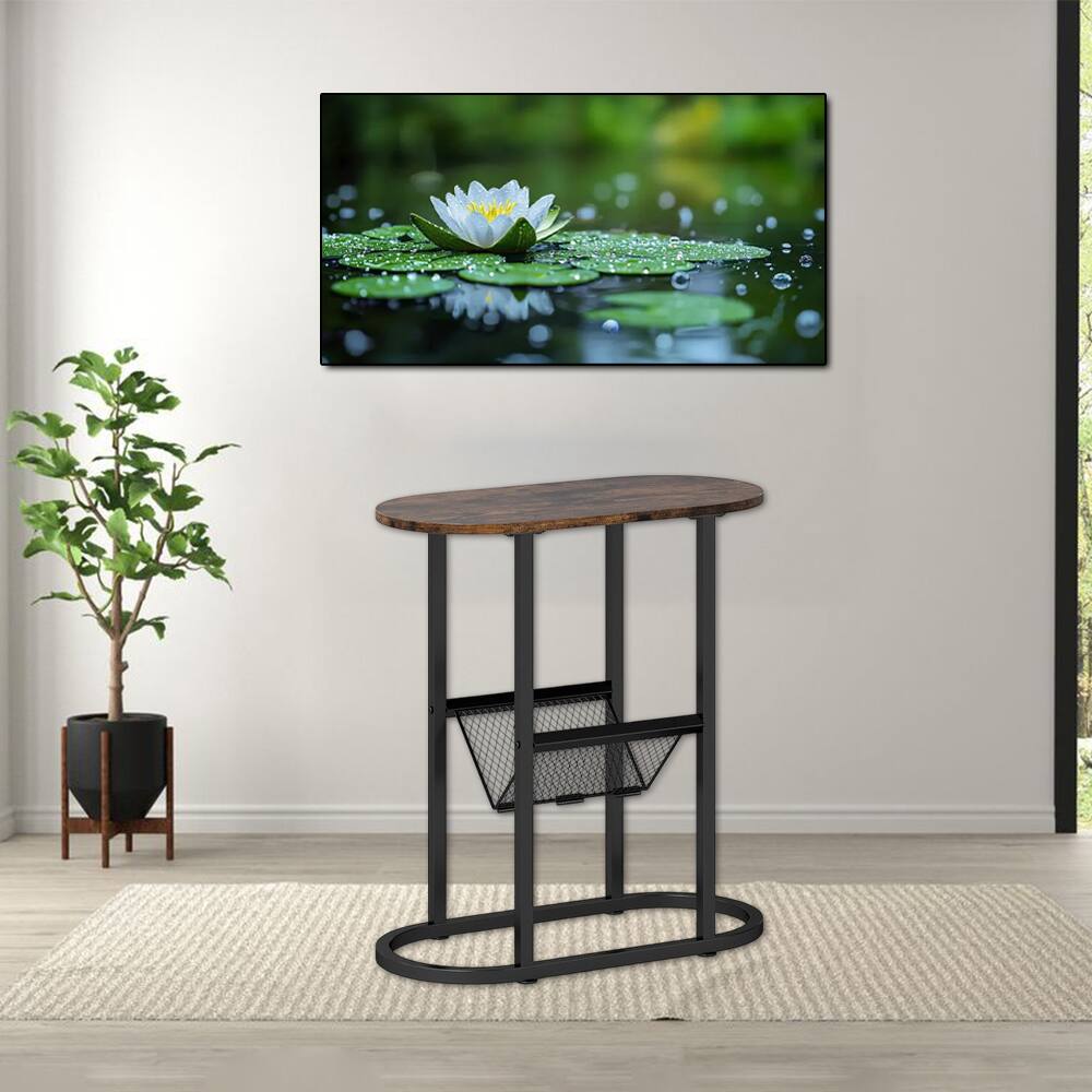 Front. Hivvago - Industrial Oval End Table with Dual Tiers and Metal Mesh Storage Shelf - Rustic Brown.
