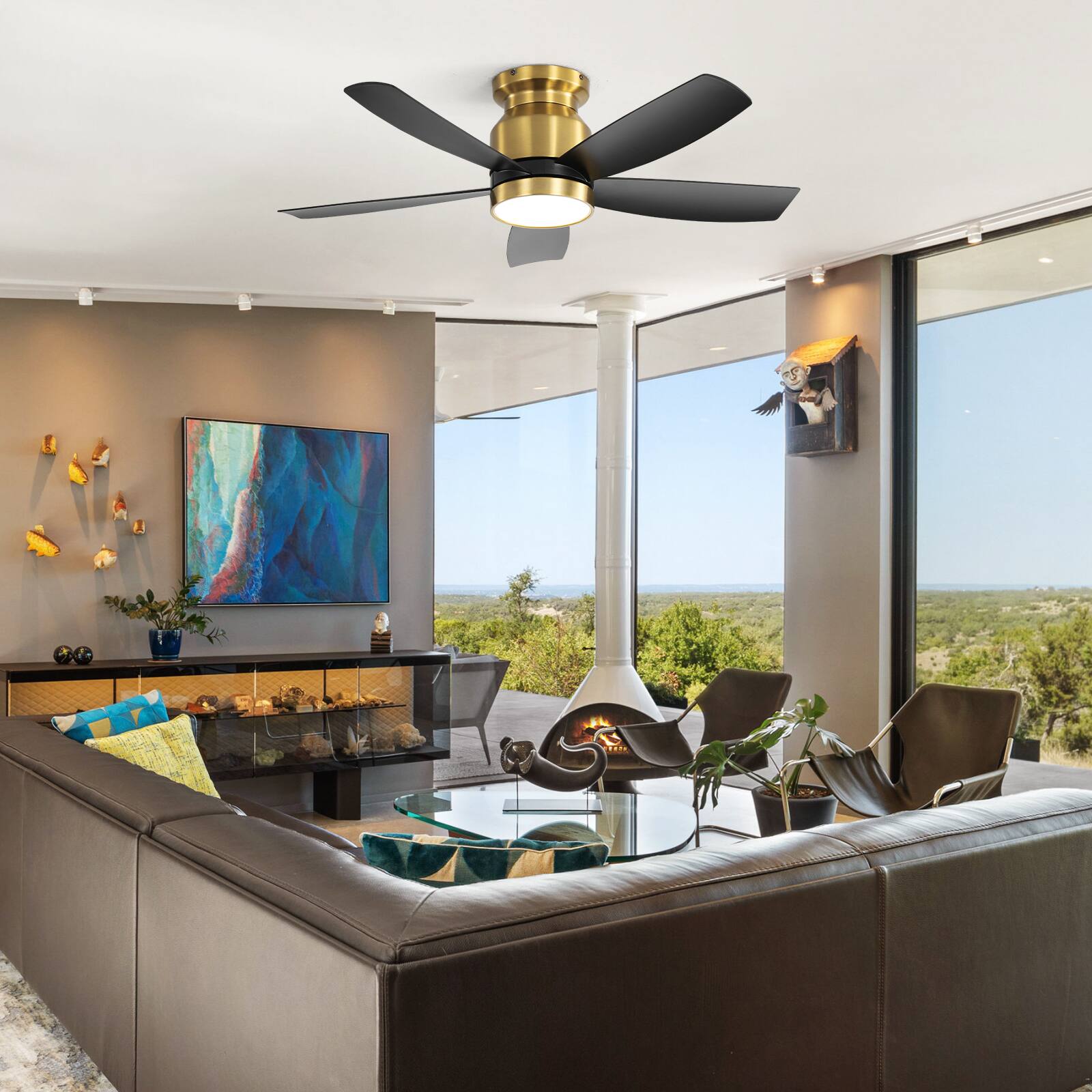Alt View 1. GreenEver - 42-inch Flush Mount Ceiling Fan with Quiet DC Motor, 5 Reversible ABS Blades, 6-Speed Airflow & Dimmable 3CCT LED Light - Black Gold.