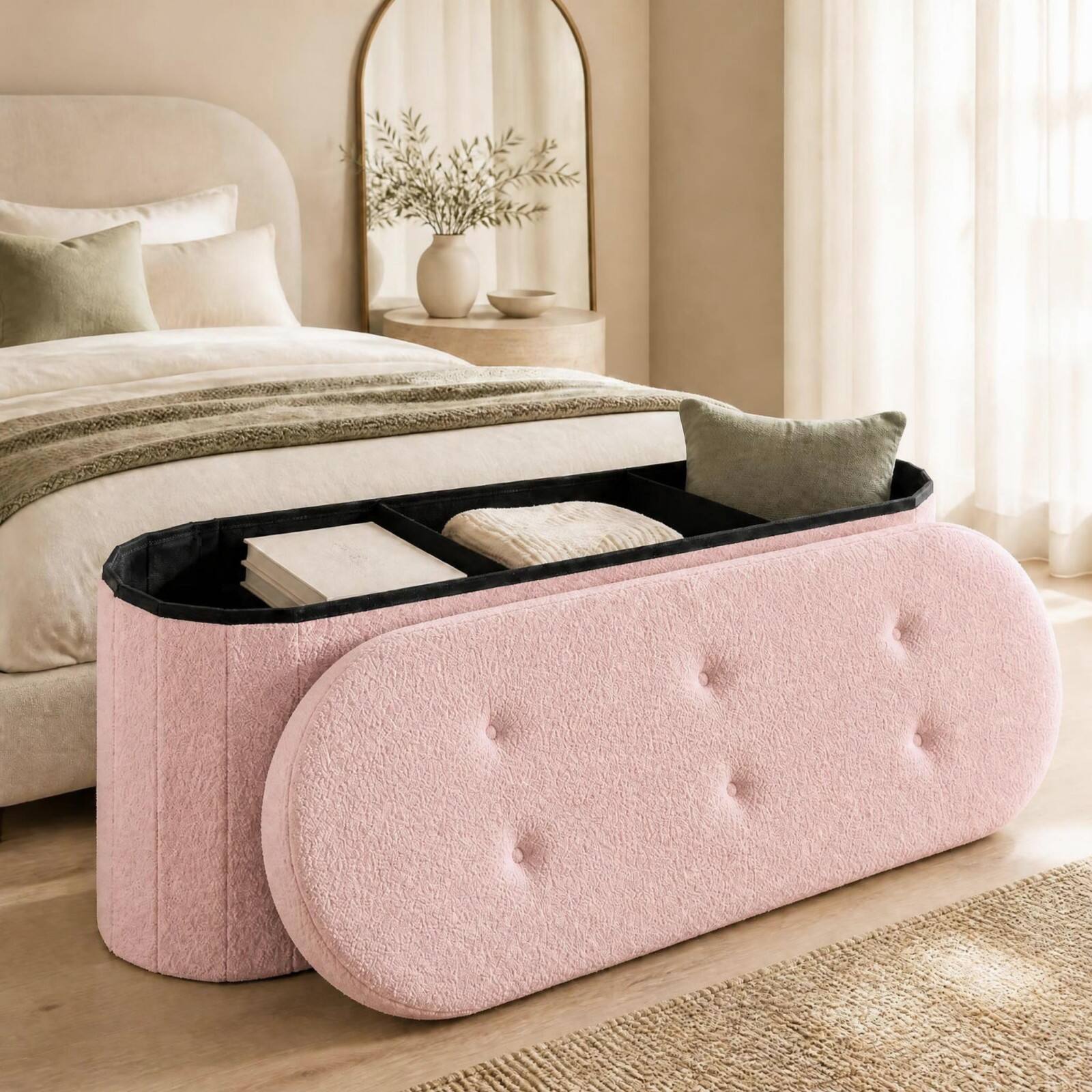 Alt View 3. Costway - Costway Storage Ottoman Bench 43" Oval Ottoman with Dividers Folding Teddy Boucle Footrest - Pink.