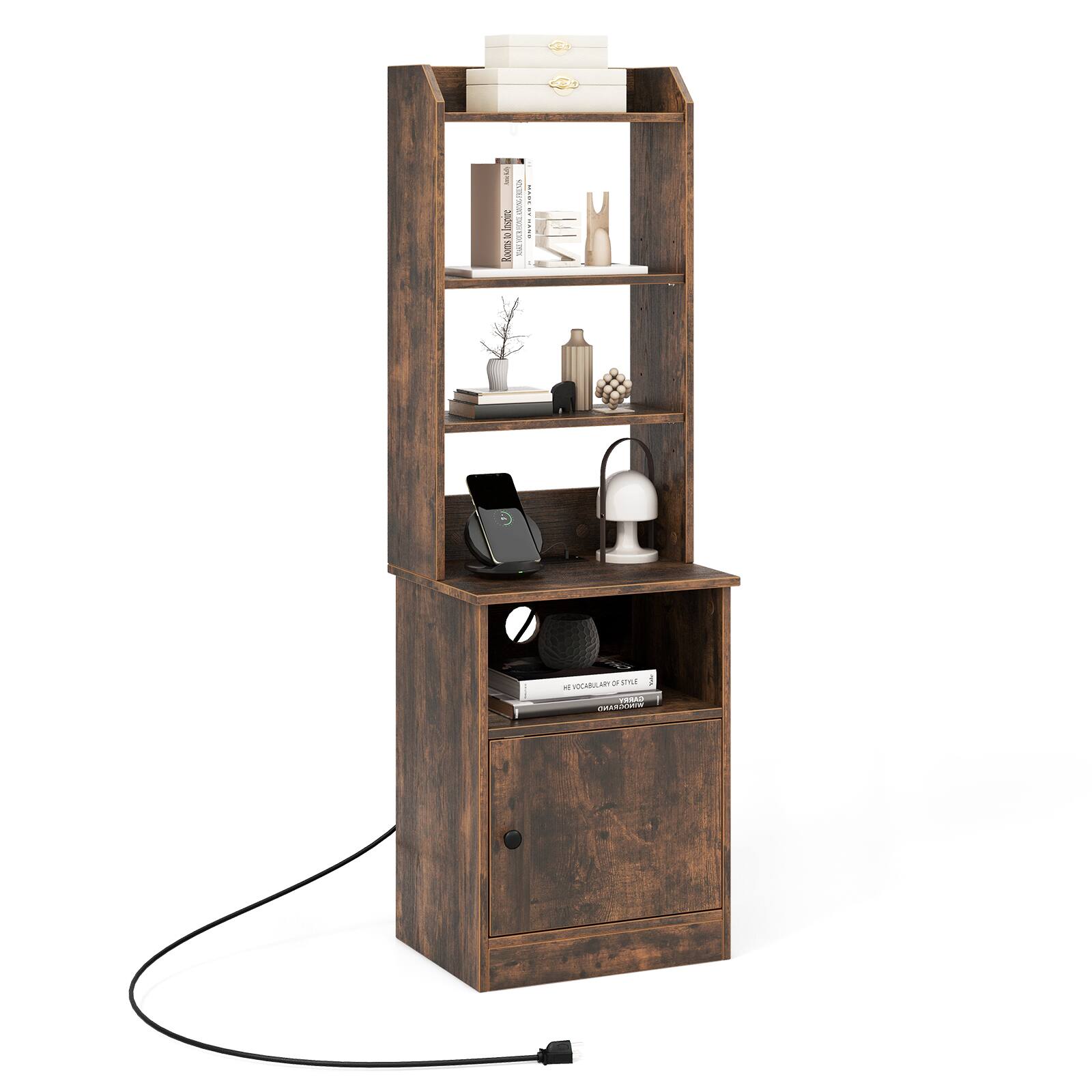 Ecooso - Bedside Tables Tall Nightstands with 5 Open Shelf and Cabinet - Rustic Brown