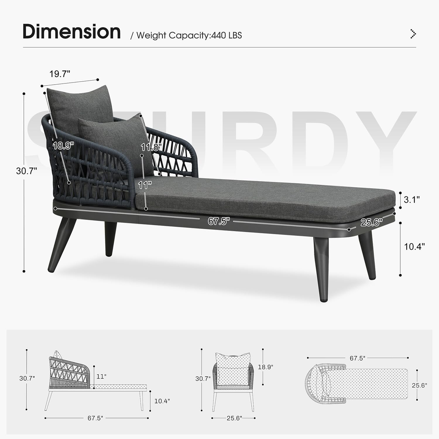 Dimension / Weight Capacity: 440 LBS  
30.7" x 19.7" x 18.9" x 11.8" x 3.1"  
67.5" x 25.6" x 10.4"