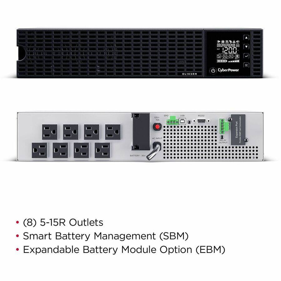 HEDAO 88 1000 ICUU 25 KJ  
OL1K5RM  
CyberPower  
EPO 125V- 15A AC INPUT  
USB  
RS232  
CHERO RELAY OUTPUT  
Port Expansion  
BATTERY: 36V  
(8) 5-15R Outlets Smart Battery Management (SBM) Expandable Battery Module Option (EBM)