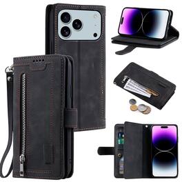 UUCOVER - Magnetic Flip Wallet Case for Apple iPhone 17 Pro Max with Card Cash Slots, Zipper Pocket and Wrist Strap, Stand Cover - Black