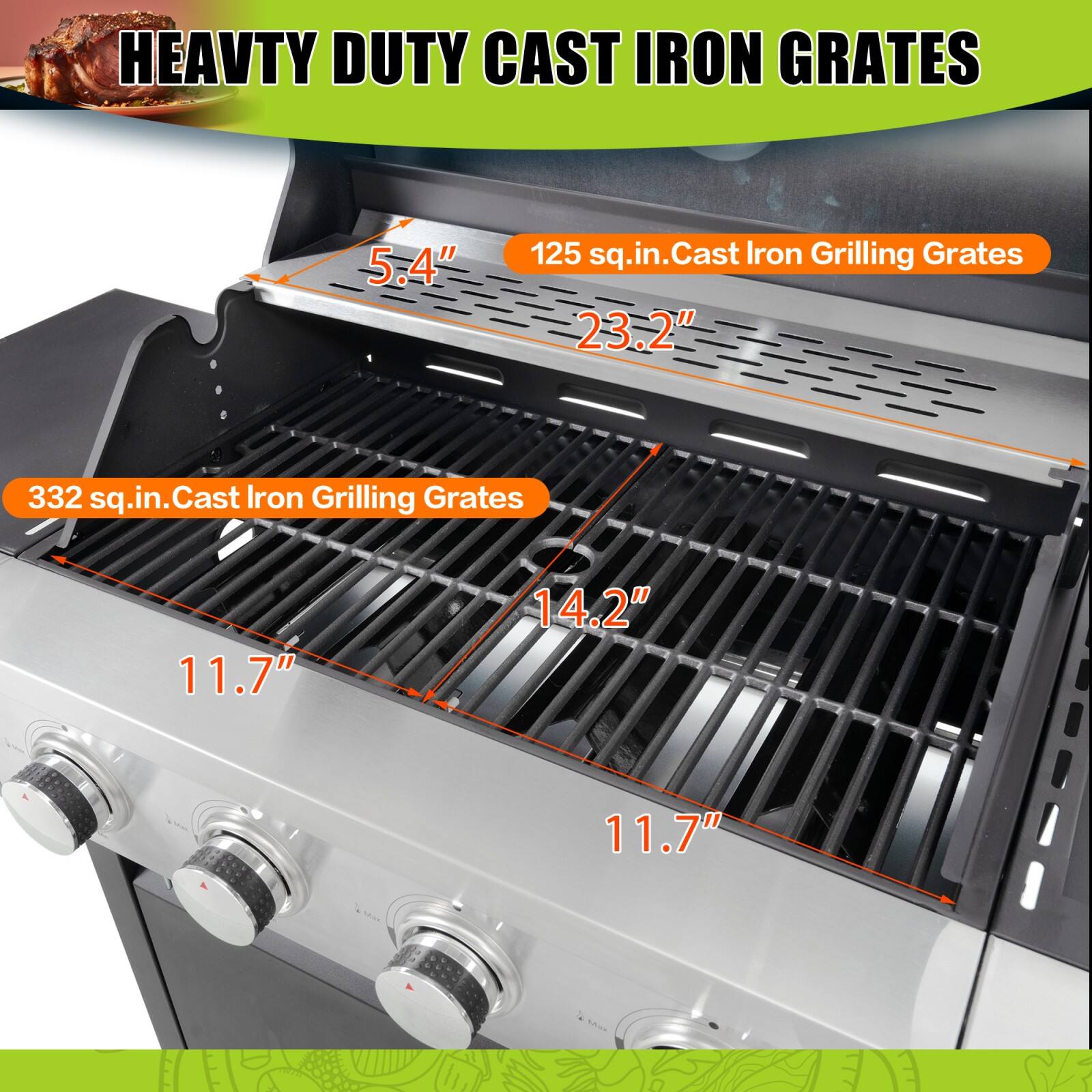 HEAVY DUTY CAST IRON GRATES
- 5.4" 125 sq.in. Cast Iron Grilling Grates
- 23.2" 332 sq.in. Cast Iron Grilling Grates
Dimensions:
- 11.7" x 11.7" x 14.2"