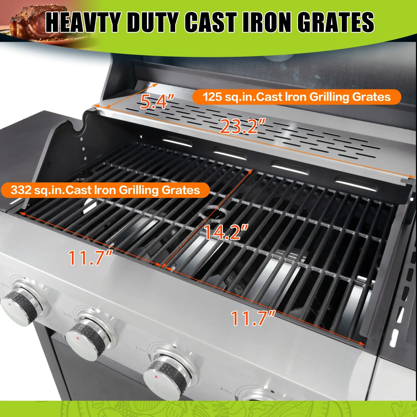 HEAVY DUTY CAST IRON GRATES

- 5.4" 125 sq.in. Cast Iron Grilling Grates
- 23.2" 332 sq.in. Cast Iron Grilling Grates

Dimensions:
- 11.7" x 11.7" x 14.2"