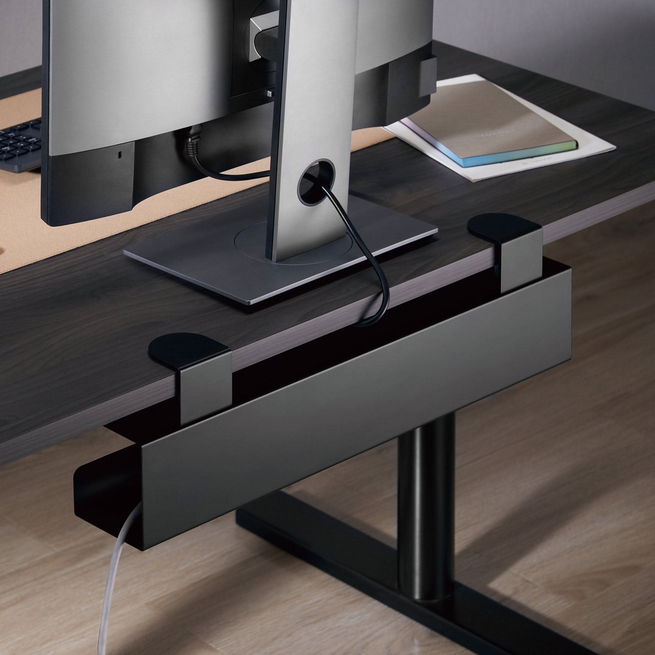 Angle. Mount-It! - Clamp-On Under Desk Cable Management Tray for Desk Organization & Cable Storage, Tool-Free Installation, Black - Black.