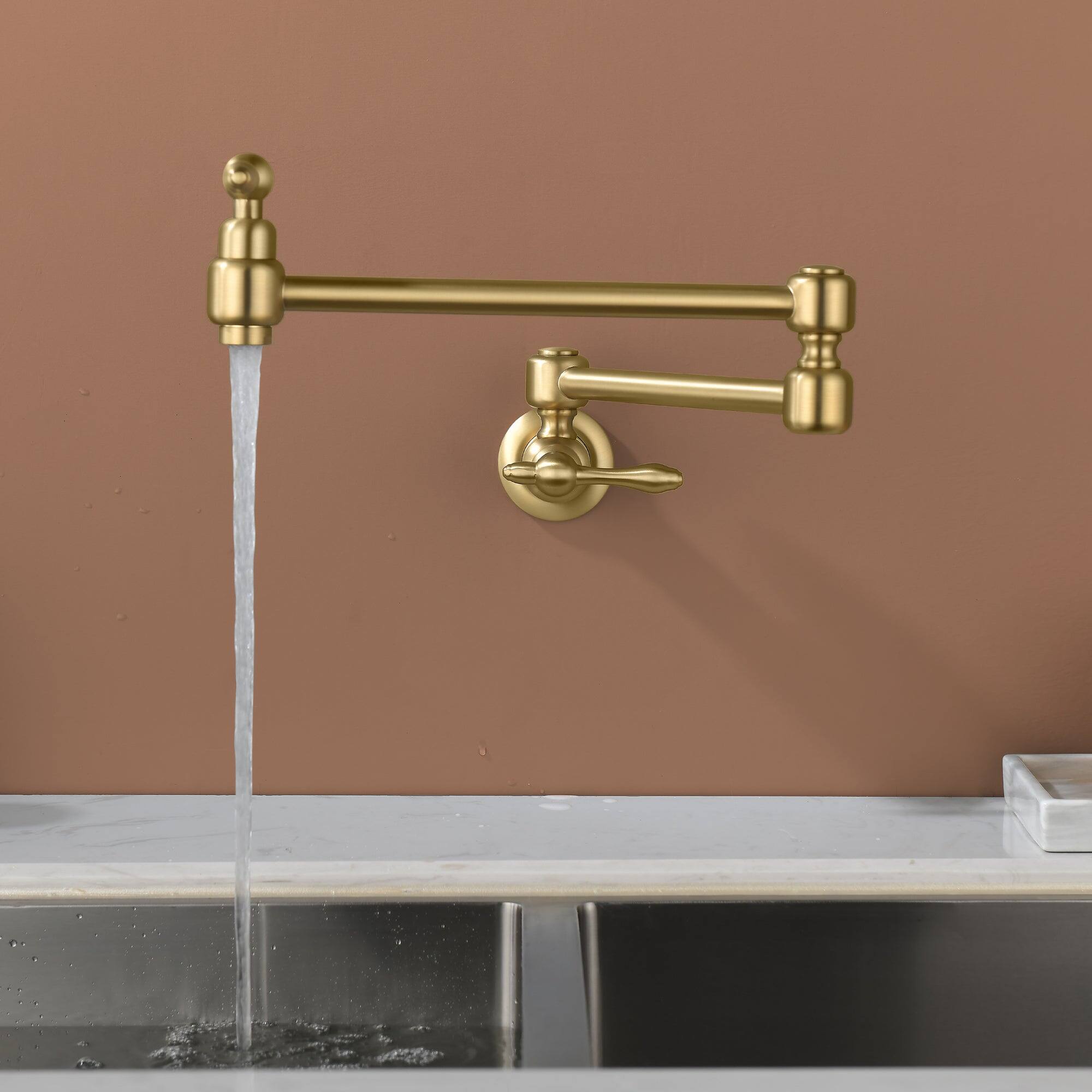 Alt View 8. Boyel Living - Brushed Gold Wall Mounted Double Handle Pot Filler 1.8 GPM with Ceramic Cartridge and Mounting Hardware - Brushed Gold.